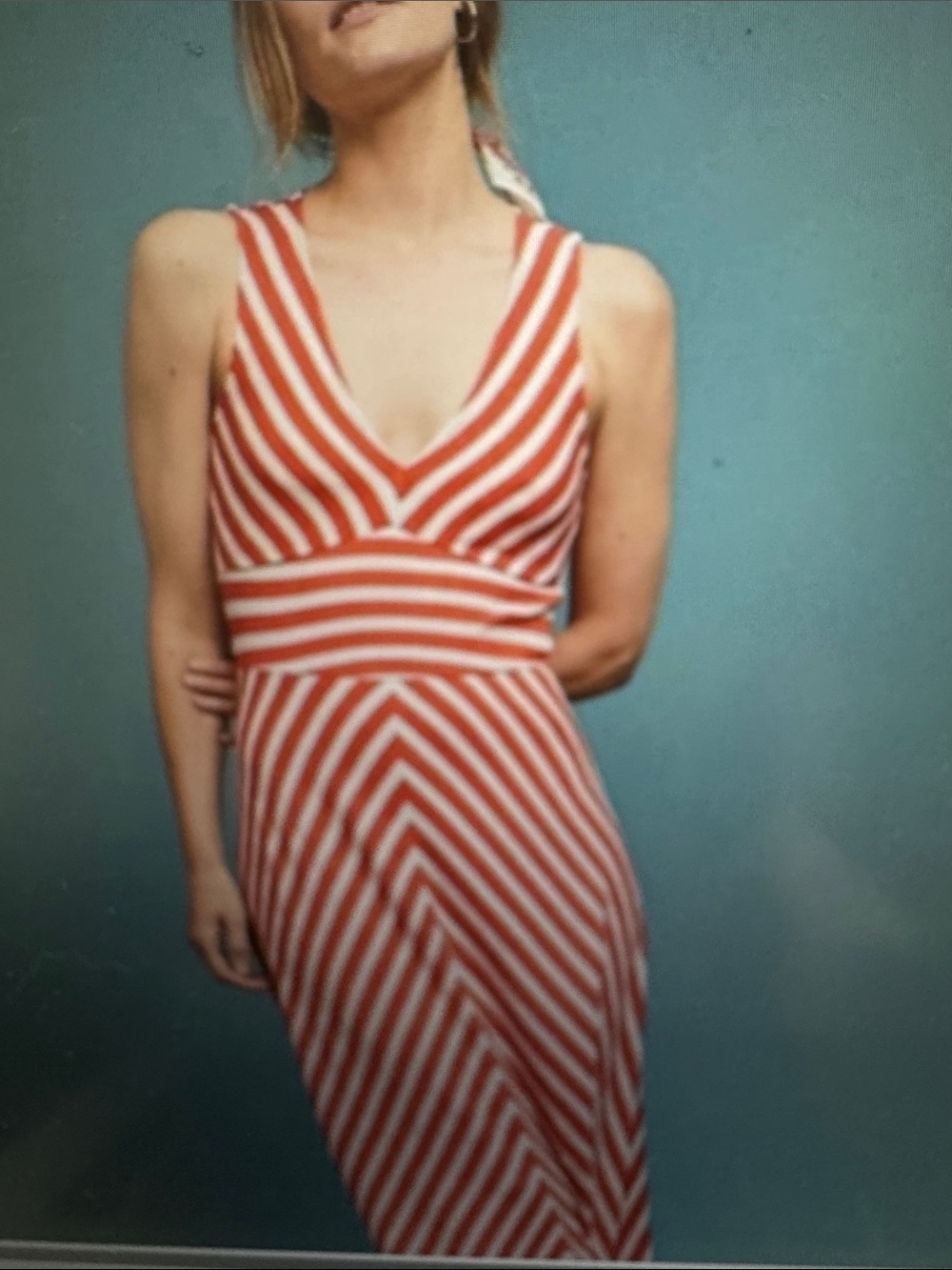 Maeve Red and White Striped V-Neck Midi Dress